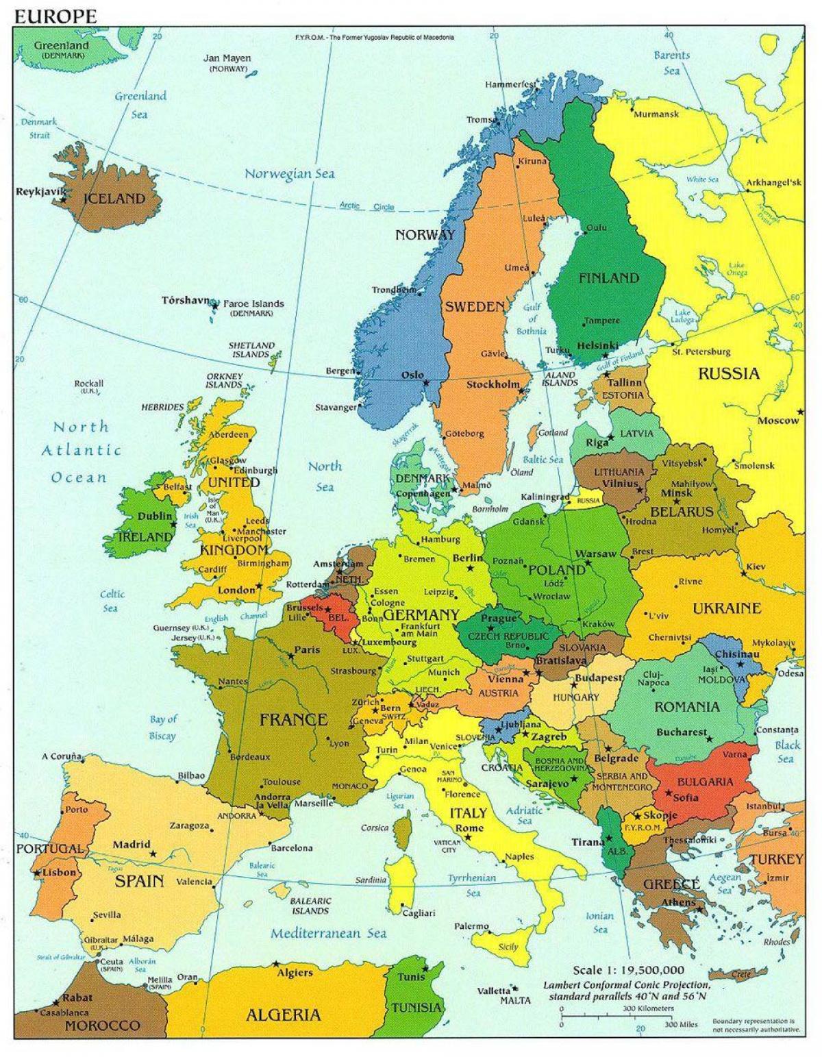 kort over europa, som viser, danmark